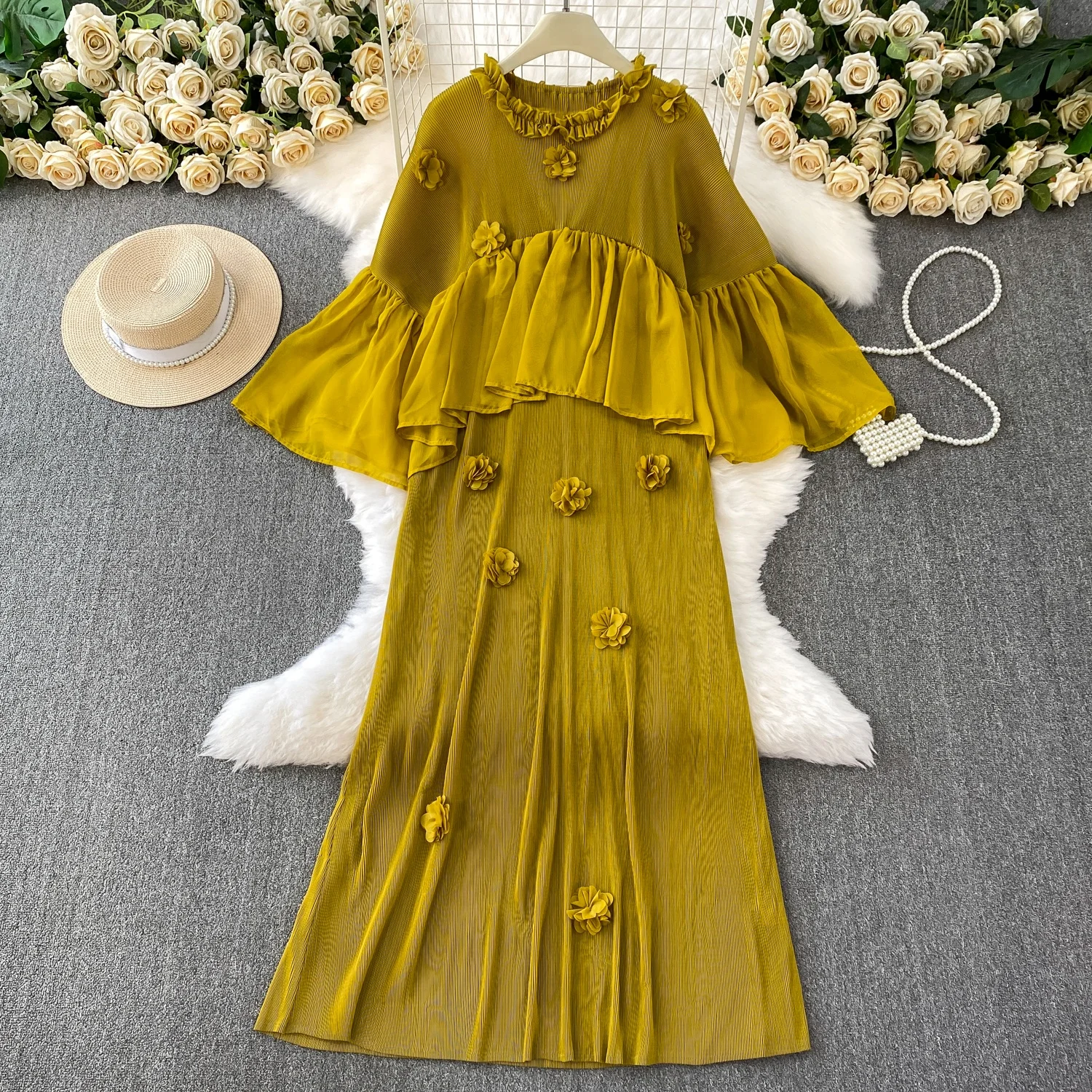 Długa sukienka midi z kwiatowym wzorem, zdobiona, z wysokim stanem, rozkloszowana, dla kobiet, idealna na imprezę.