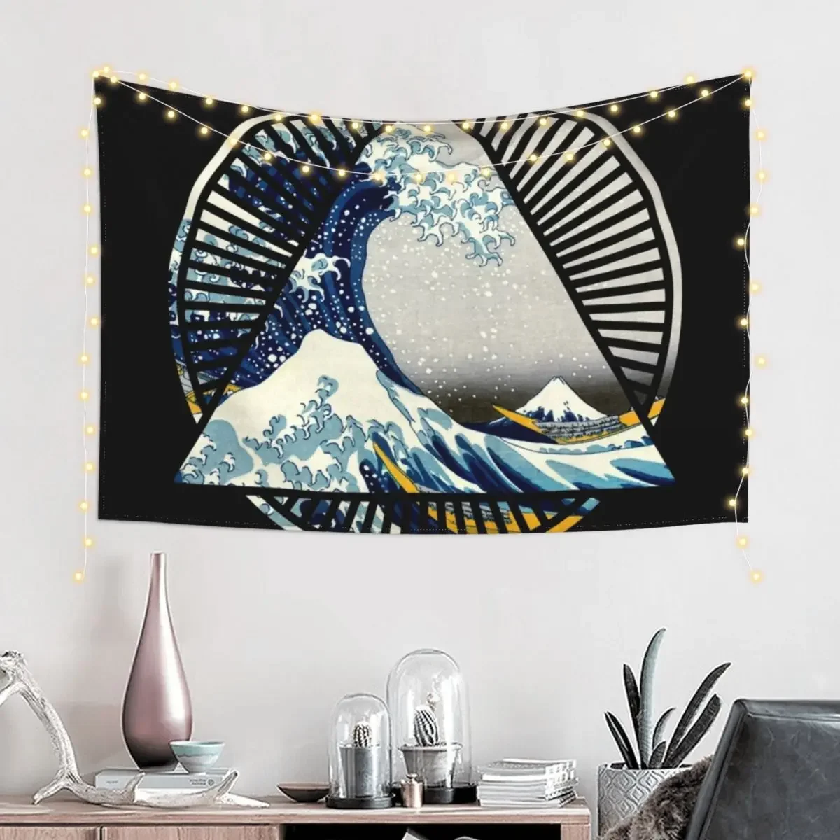 Vintage Hokusai Mount Fuji Great Tsunami Wave Japanese Geometric Manga Shirt Tapestry Room Ornaments Home Supplies Tapestry