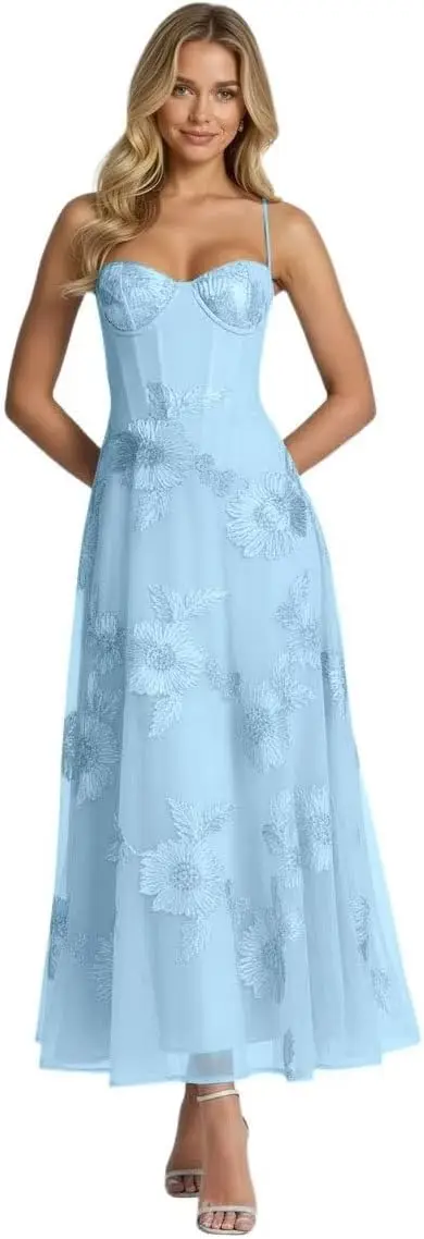Jacquard-Tüll-Abschlussballkleider mit Spaghettiträgern, formelles Abendkleid, knielang, formelles Kleid für Damen, elegante Partykleider