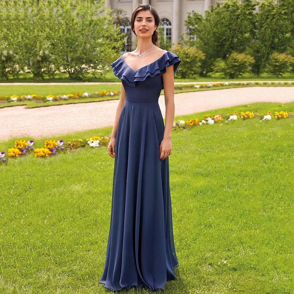 

Elegant Navy Blue Bridesmaid Dress Off Shoulder Ruffles Chiffon A Line Formal Evening Party Floor Length