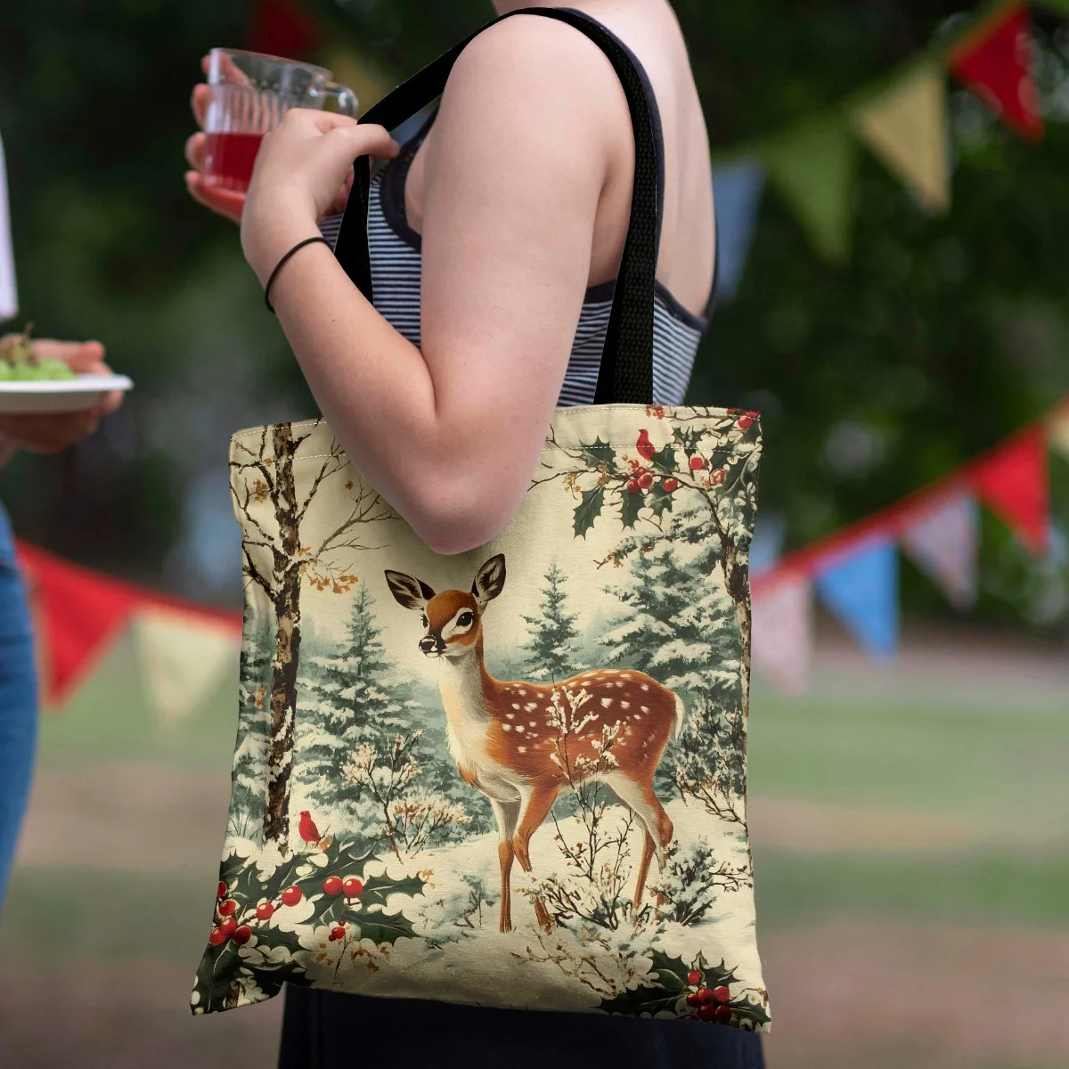 Deer in The Snow Woods' Tote BagIs Foldable and Features Double-Sided Printing, Designed for Women. New Year, Christmas Gift