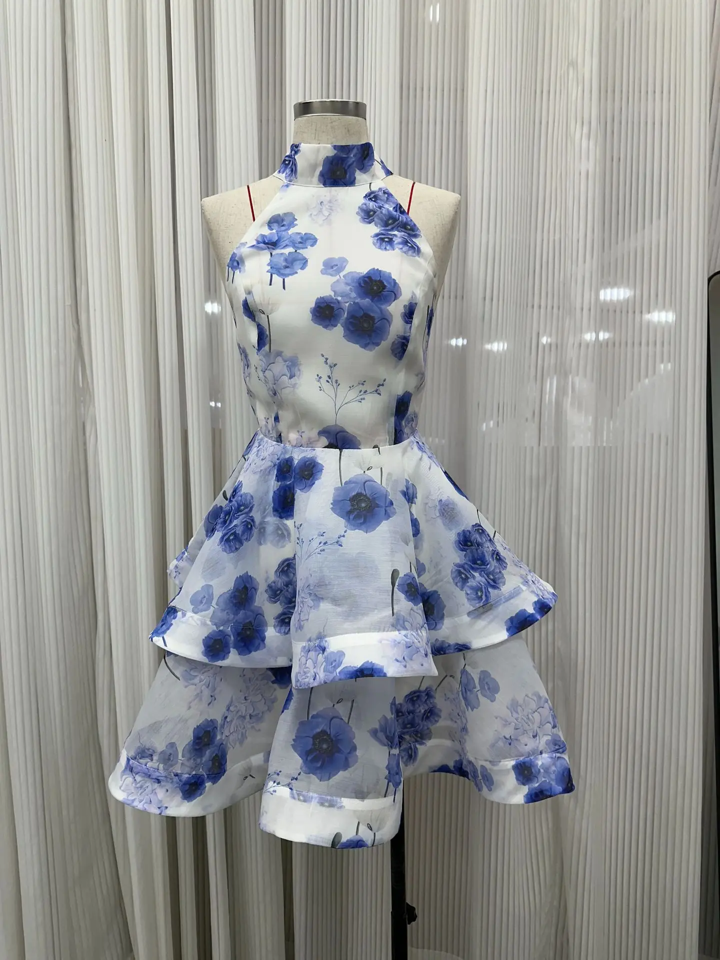 

AELESEEN Runway Fashion 2025 Spring Summer Mini Dress WomenTurtleneck Backless Slim Waist Ruffled Layers Blue Flower Printed