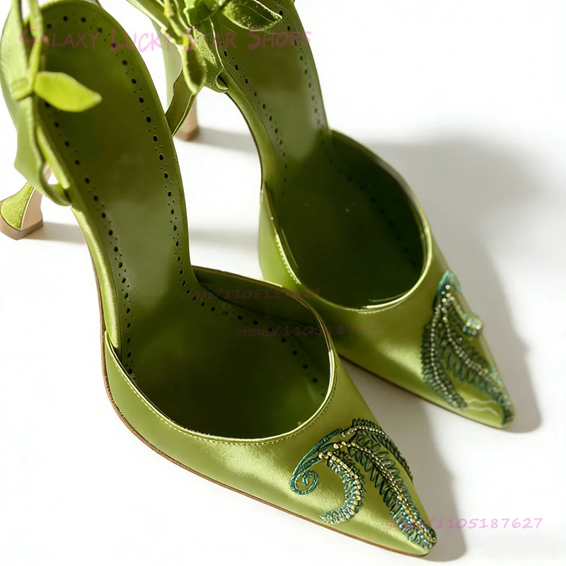 

Grass Green Silk Embroidered Sandals Women Beaded Tassels Open Heels Pointed Toes Floral Patterns Ankle Buckles Stiletto Shoes