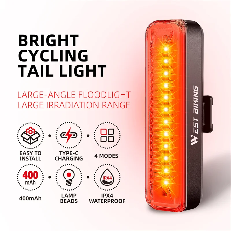 WEST BIKING USB Rechargeable Bicycle Rear Light Road Bike LED Tail Light Bar High Visibility Cycling Flash Light MTB Accessories