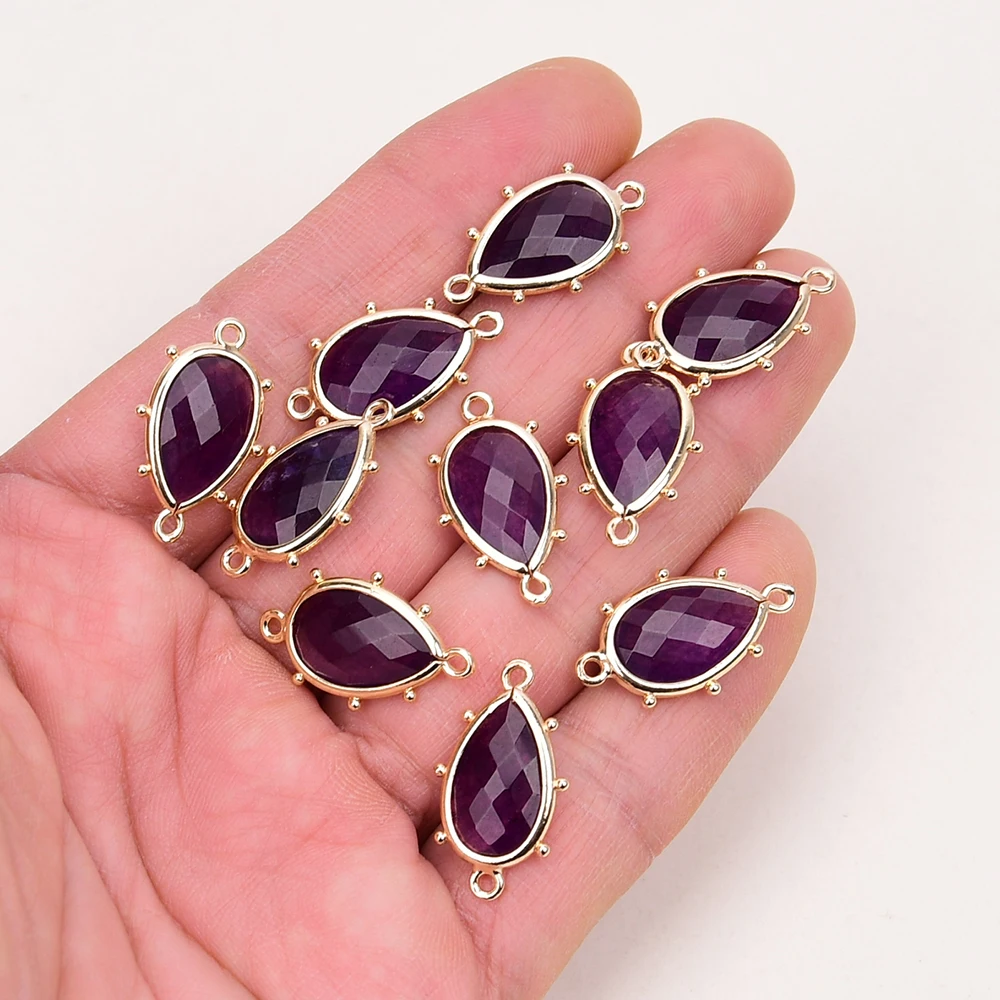 APDGG Wholesale 10 Pcs Faceted Purple Jade Yellow Gold Plated Edge Pear shaped Connector Trim Double Rings Jewelry Finding DIY