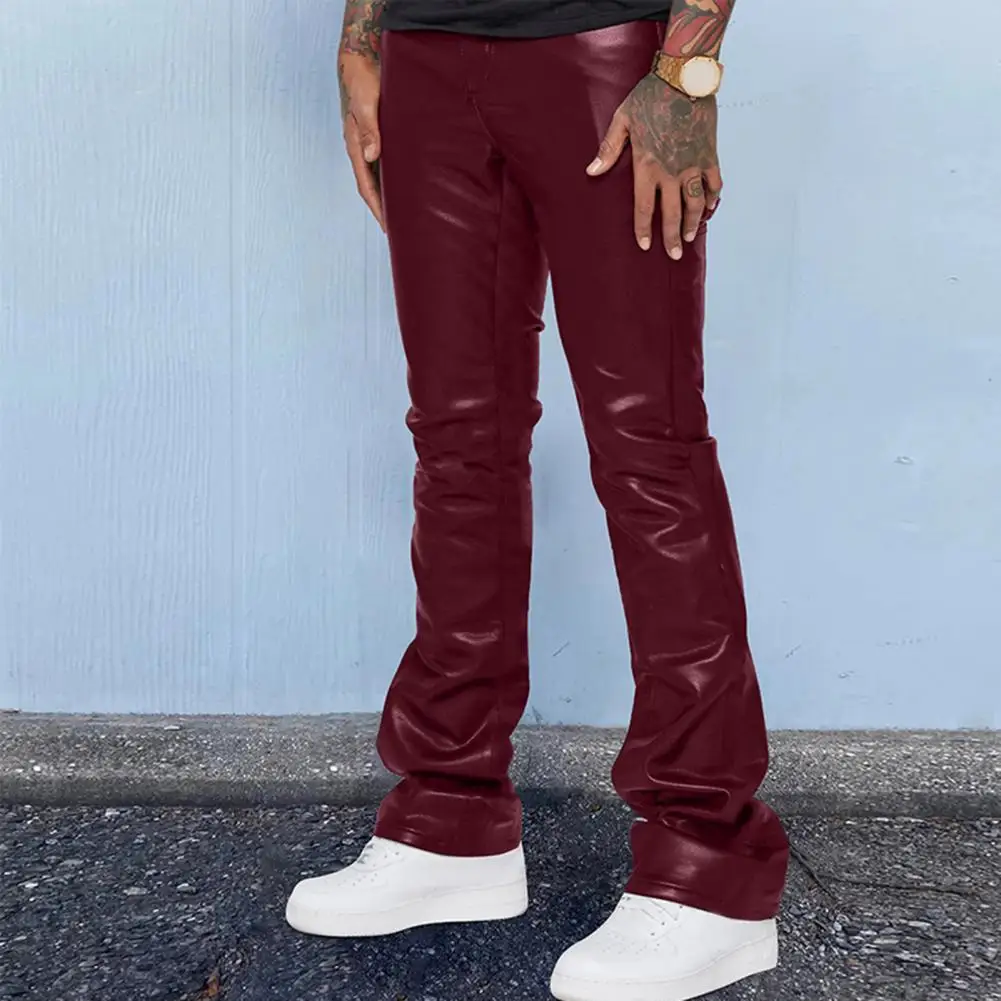 

Solid Color Pants Hip Hop Style Men's Faux Leather Flared Trousers for Streetwear Club Performance Solid Color Mid Waist Loose