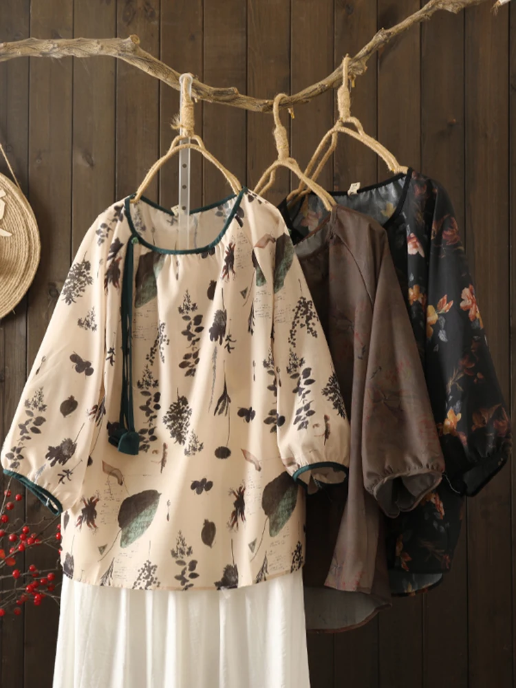 

Футболка-фонарь Све в стиле ретро с льняным принтом, женская круглая футболка большого размера с бахромой, повседневный топ, летняя удобная футболка свободного покроя