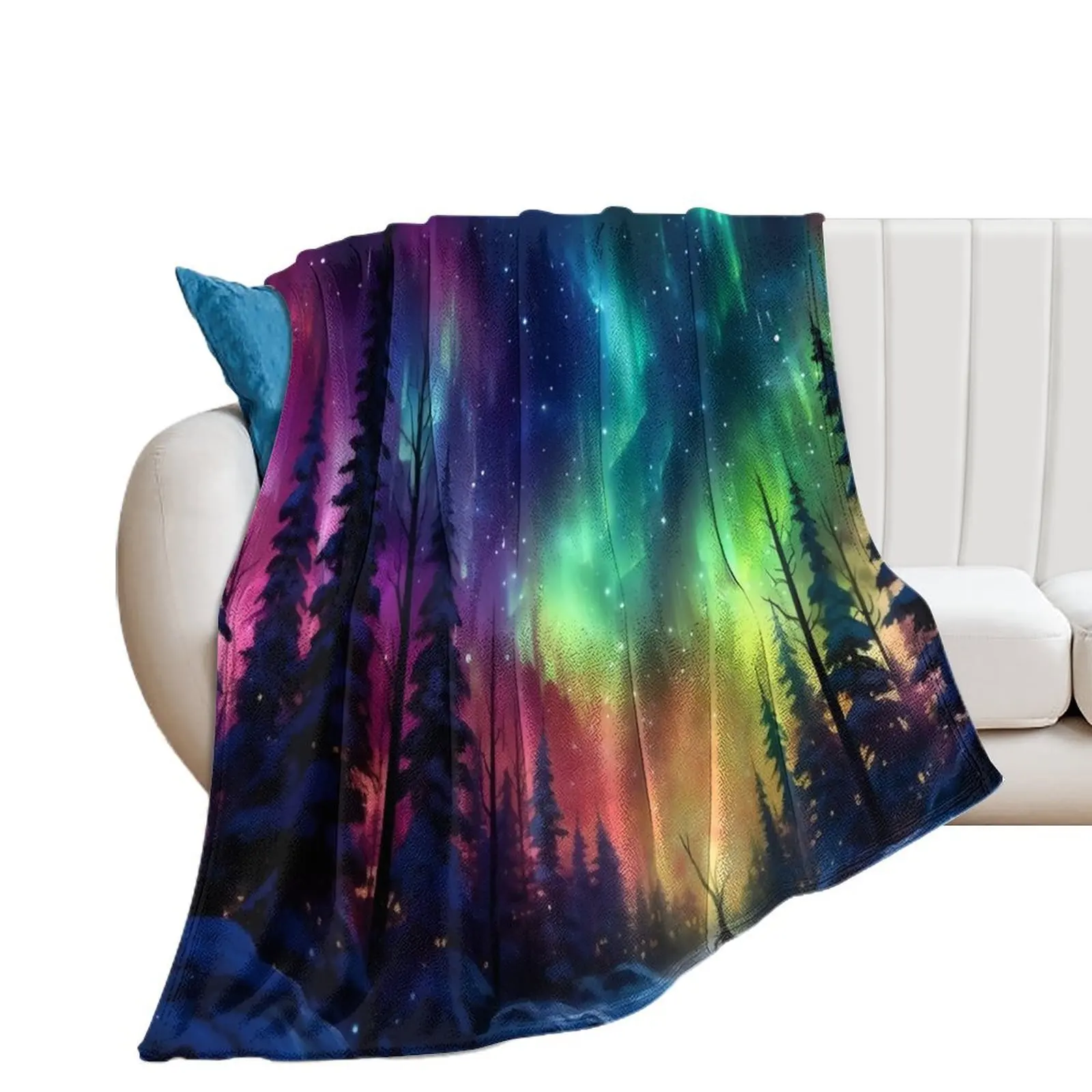 

Aurora Borealis Enchanted Glowing Neon Forest Throw Blanket sofa bed Shaggy Blankets