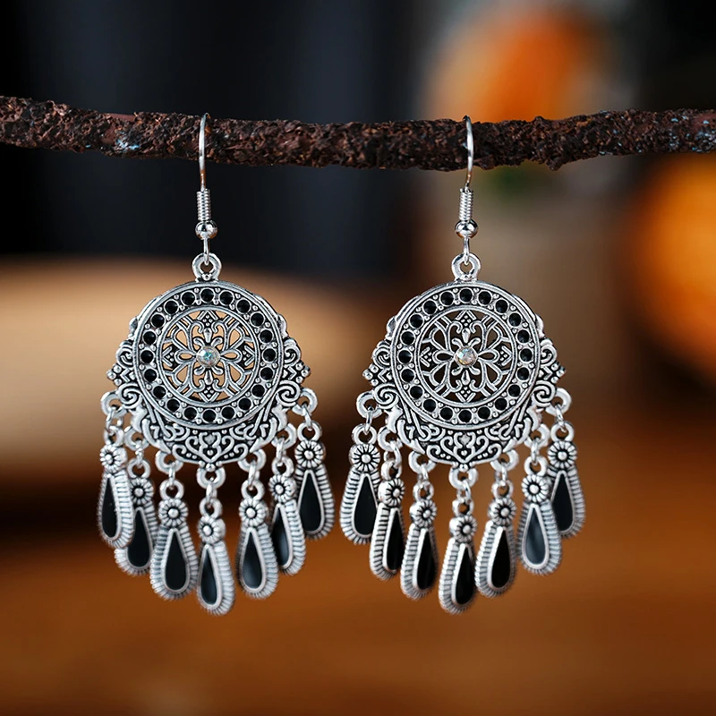 Ethnic Style Drop Oil Tassel Water Drop Earrings for Women Elegant Silver Color Vintage Hollow Out Carved Earring Female Jewelry