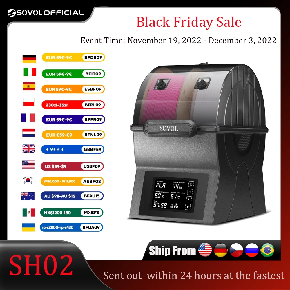 Sovol Filament Dryer SH02 Dry Box Filament Sealed Storage Box 3D Printer Spool Holder with PTC Heater Filament Dehydrator