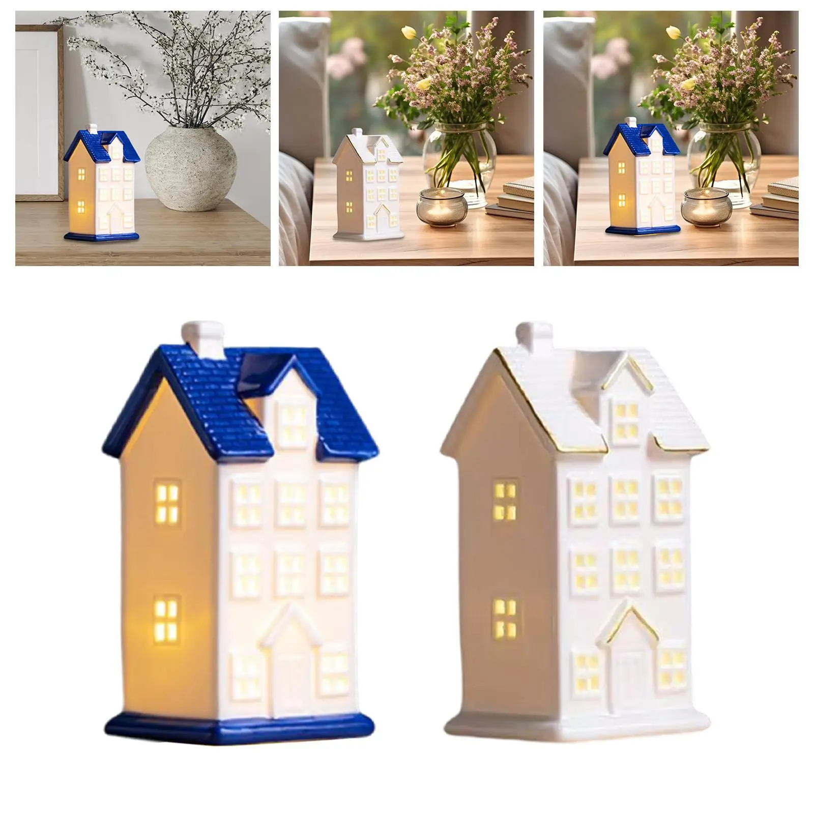 Beleuchtete Hausfiguren-Kollektion, dekoratives Desktop-Ornament, Keramikhaus-Statue, Weihnachtsdorf, Gebäude für Party, Schlafzimmer