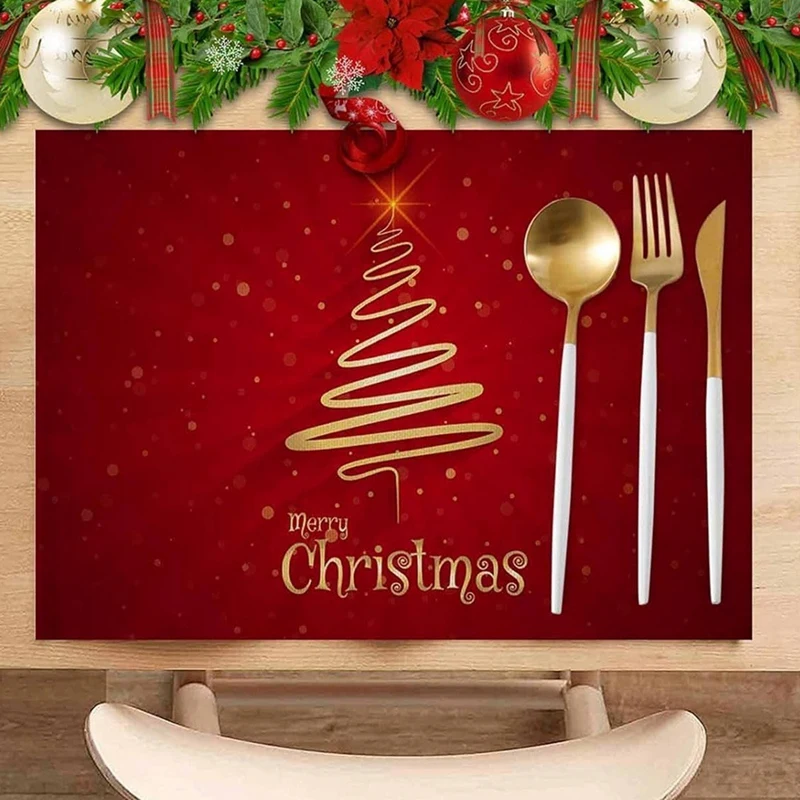 6PCS Merry Christmas Tree Placemats Non-Slip/Wipe Clean Linen Dining Table Mat Set Heat-Resistant Table Liner Red