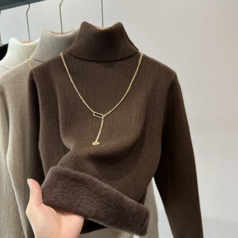 

Autumn Winter New Fashion One-piece Velvet Warm Women's Knitted Sweater Turtleneck Thick Solid Pullover Bottom Tops Jumper 29262