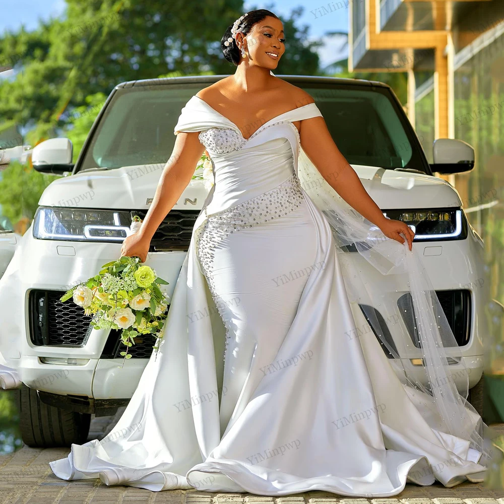 Luxuries 2 In 1 Weddings Dresses Bridal Off Shoulder Beaded Pleat Vestido De Novia Boda Detachable Train Customized Corset Back