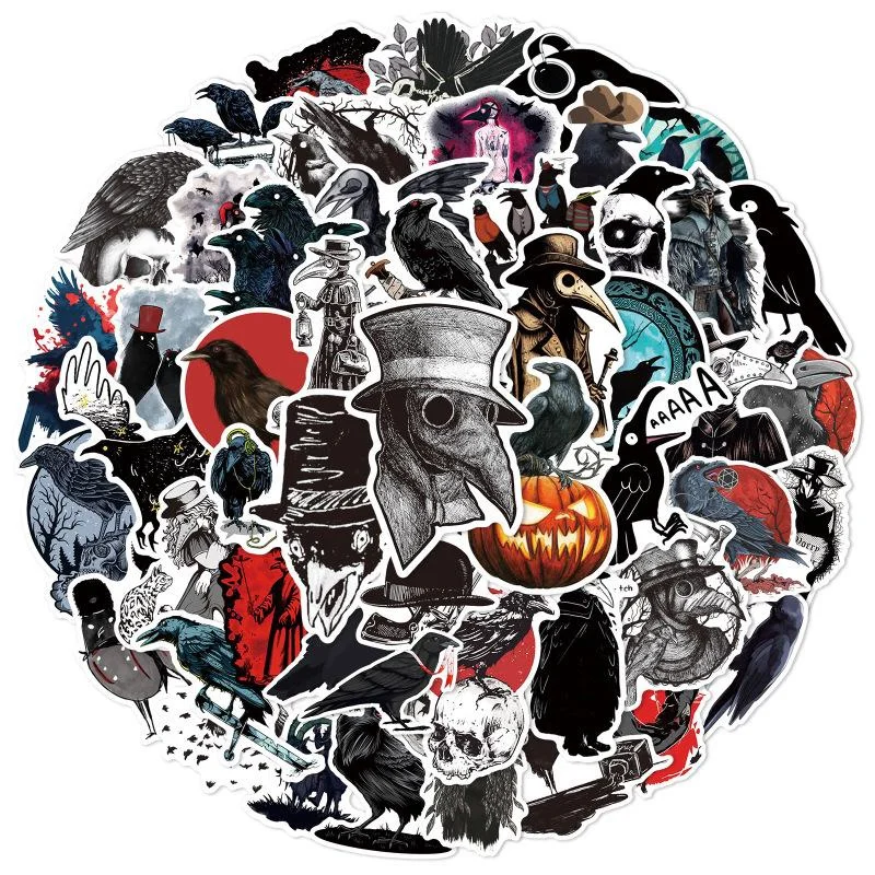 10/25/50pcs Terror Crow Sticker Animal Bird Serie Black Cartoon Graffiti Stickers decalcomania impermeabile Car Waterbottle adesivo per adulti