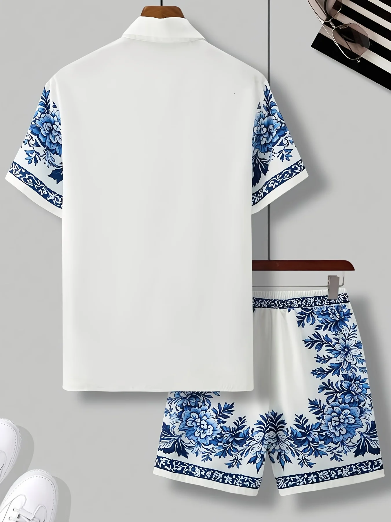 Men'S 2pcs Floral Print Casual Shirt And Drawstring Athletic Shorts Set, Hawaiian Beach Athletic Style