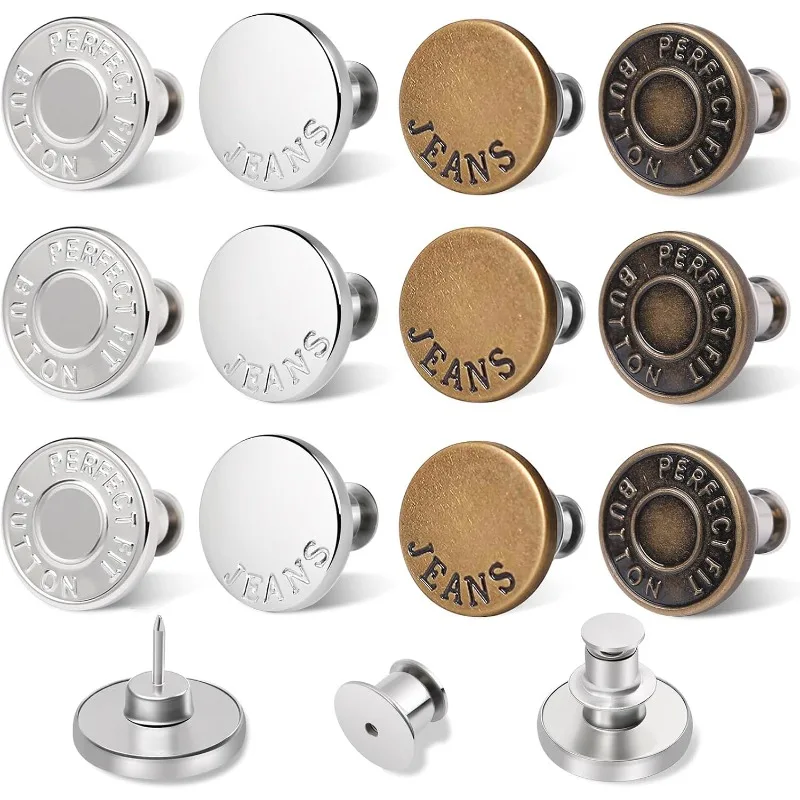 12 Set Jean Buttons for Loose Jeans, No-Sew Button Pins for Pants Replacement