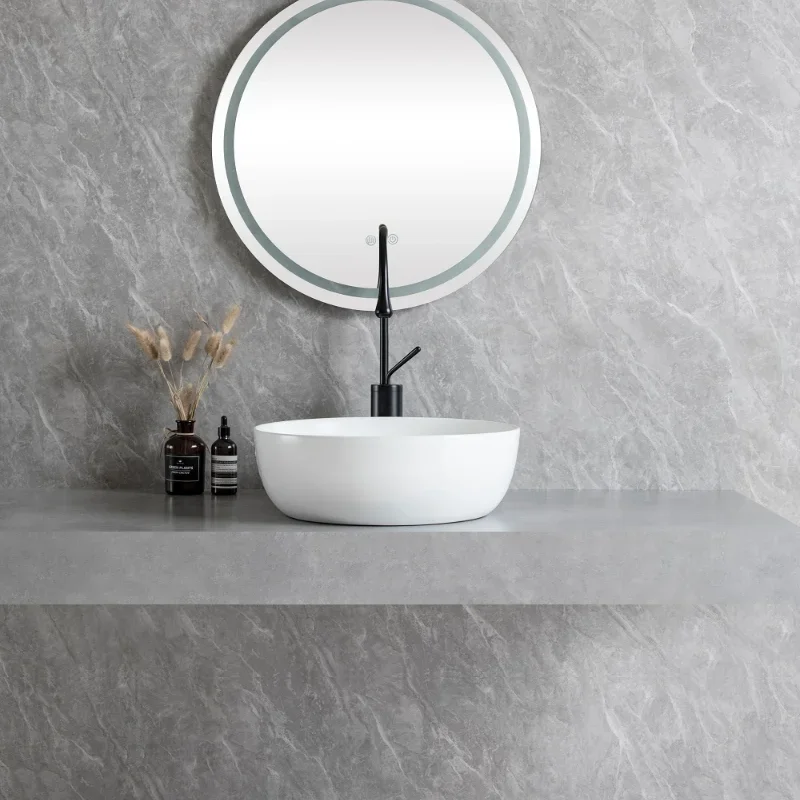 Luxury White Round Ceramic Art Basin with Silver Faucet & Drain, Modern Bathroom Countertop Sink for Hotel Home Decoration