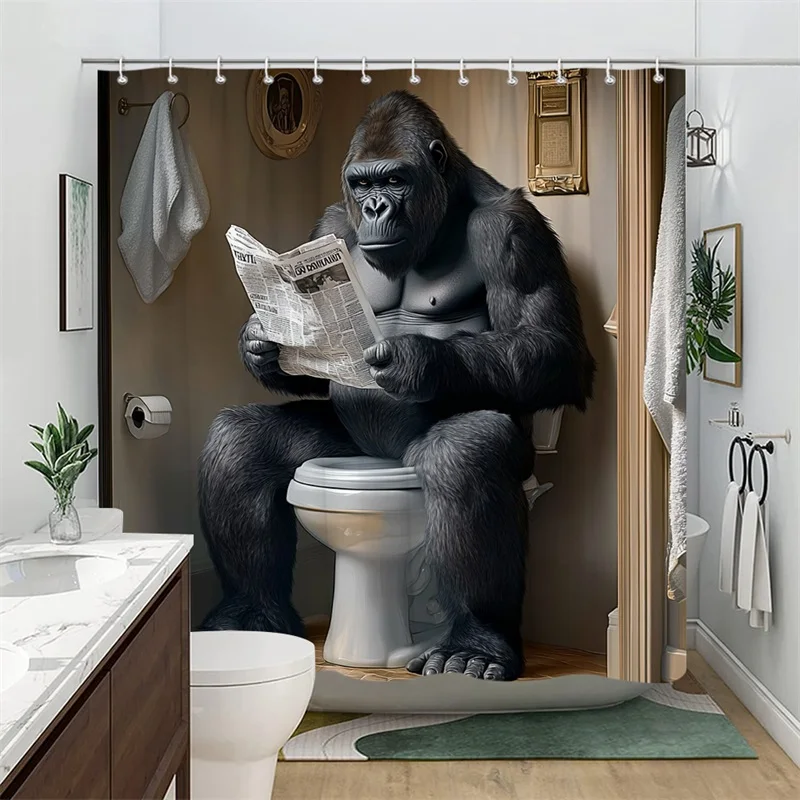 Realistic Gorilla Reading Newspaper Shower Curtain for Bathroom Decor - Fun Jungle Shower Curtain Liner