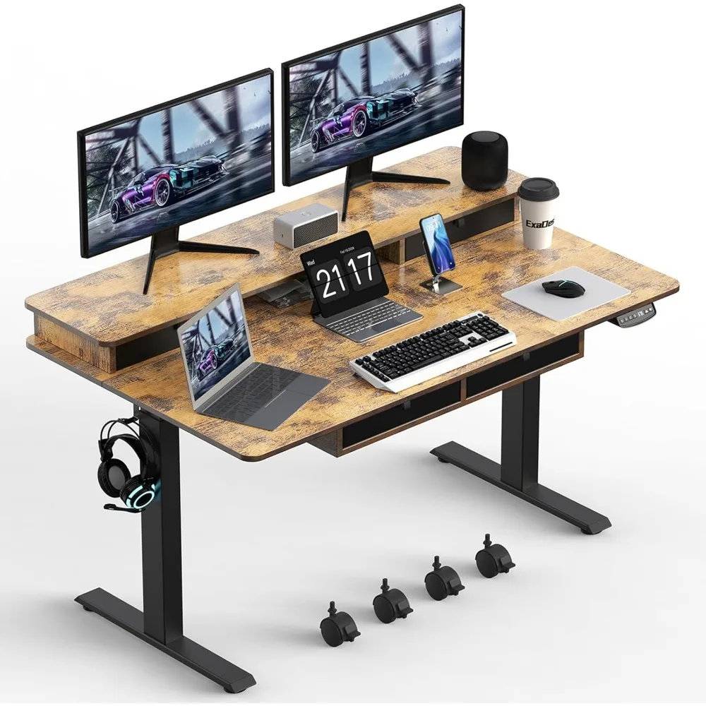 

Electric Standing Desk, 63 * 30 Inches Adjustable Height with 4 Drawers, Double Storage Shelves Stand Up Desk, Home Office Works