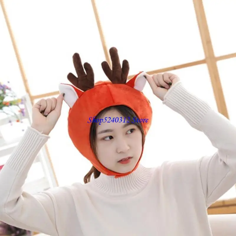 634C Cartoon Elk Deer Antlers Plush Hat Funny Animal Stuffed Headgear Warm Earflap Cap Holiday Party Photo Props