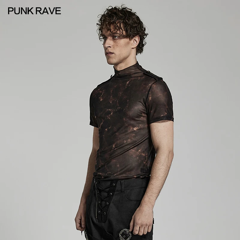 PUNK RAVE Men\'s Doomsday Abstract Printed Mesh Slim Fit T-shirt Shoulders with 3D Lace Decoration Personality Casual Tops Tees