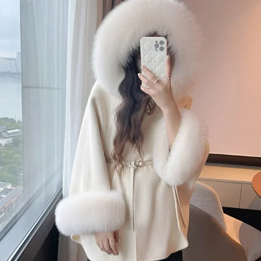Real Fox Fur Woolen Jacket 2024 New Fashion Winter Women\'s Hooded Belt Warm Luxury Thick Female Coat Cloat Type Batwing Sleeve