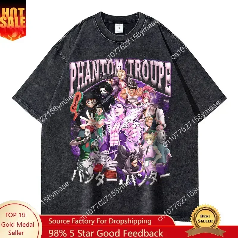 BiliBili Anime H-Hunter x H-Hunter T-shirts Vintage Washed Phantom Troupe T Shirt Manga Killua Gon Chrollo Hisoka Tops Tees Men