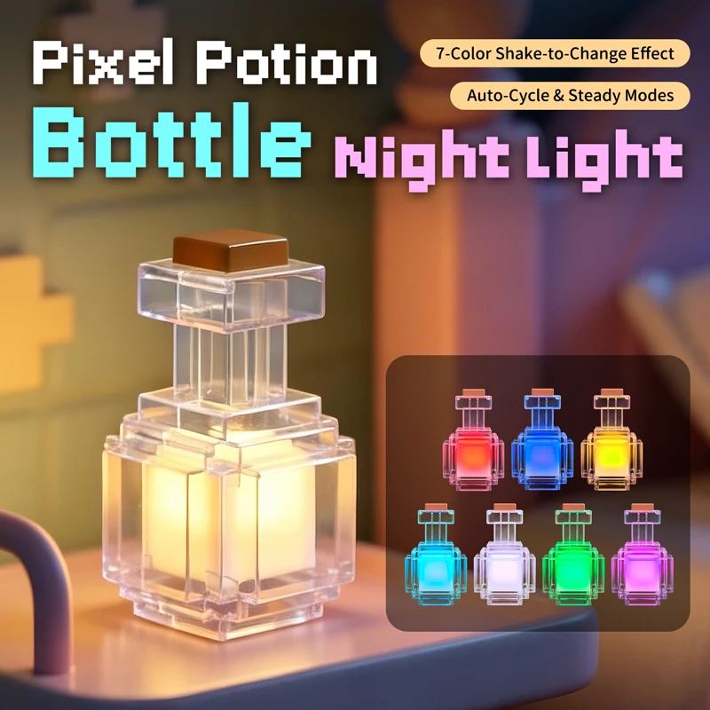 Rechargeable Night Light Mini 7 Color Liquid Medicine Bottle Pixel Wind Peripheral Design Game Toy Bedroom Decor Lamp Kids Gifts