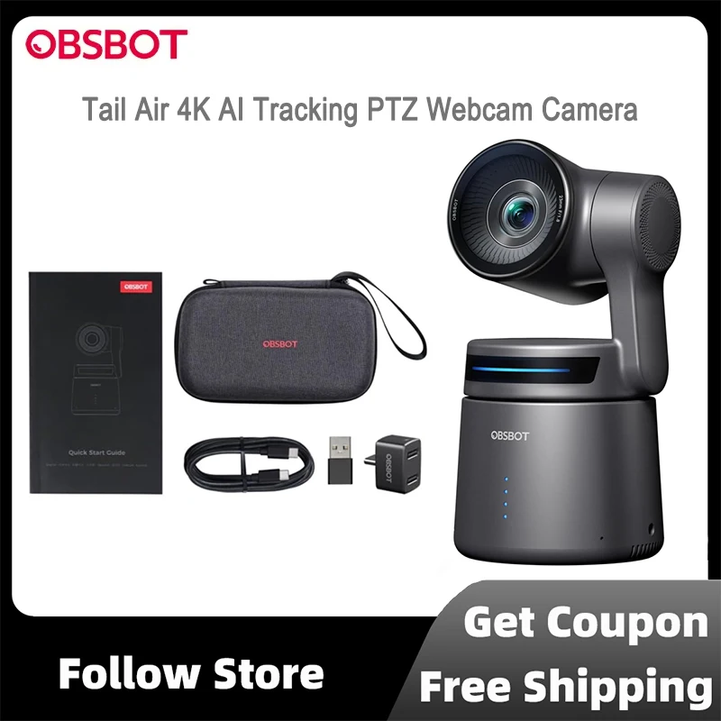 كاميرا ويب OBSBOT Tail Air 4K AI تتبع PTZ مع التحكم في التطبيق والتحكم بالإيماءات HDMI/USB-C/كاميرا ويب لاسلكية ليوتيوب والعبادة