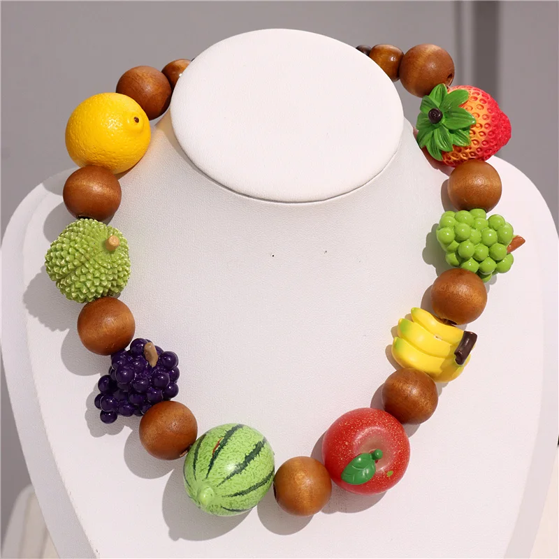HangZhi Dopamine Summer New Fruit Bead Necklace Watermelon Durian Strawberry Y2K Chunky Jewelry for Women New