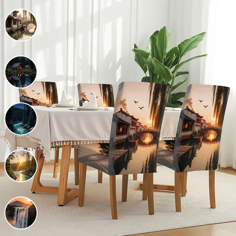High-elastic printed dining chair cover, river landscape pattern, suitable for household dining tables and chairs