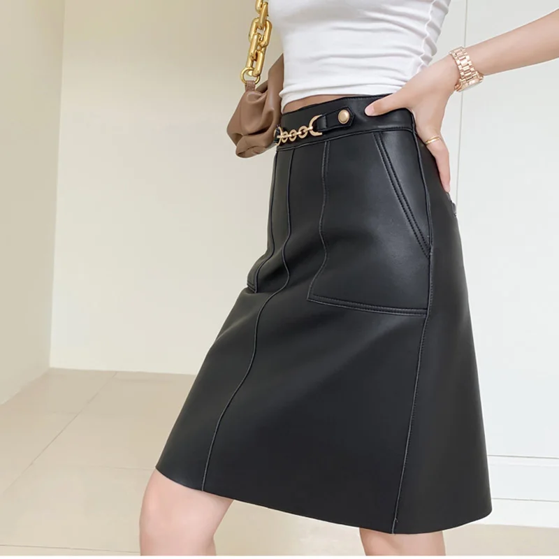 Fashion Spring Female Genuine Leather Office Lady Skirt Black Sheepskin Sexy Midi Long Slim Over Metal Belt Knee-Length