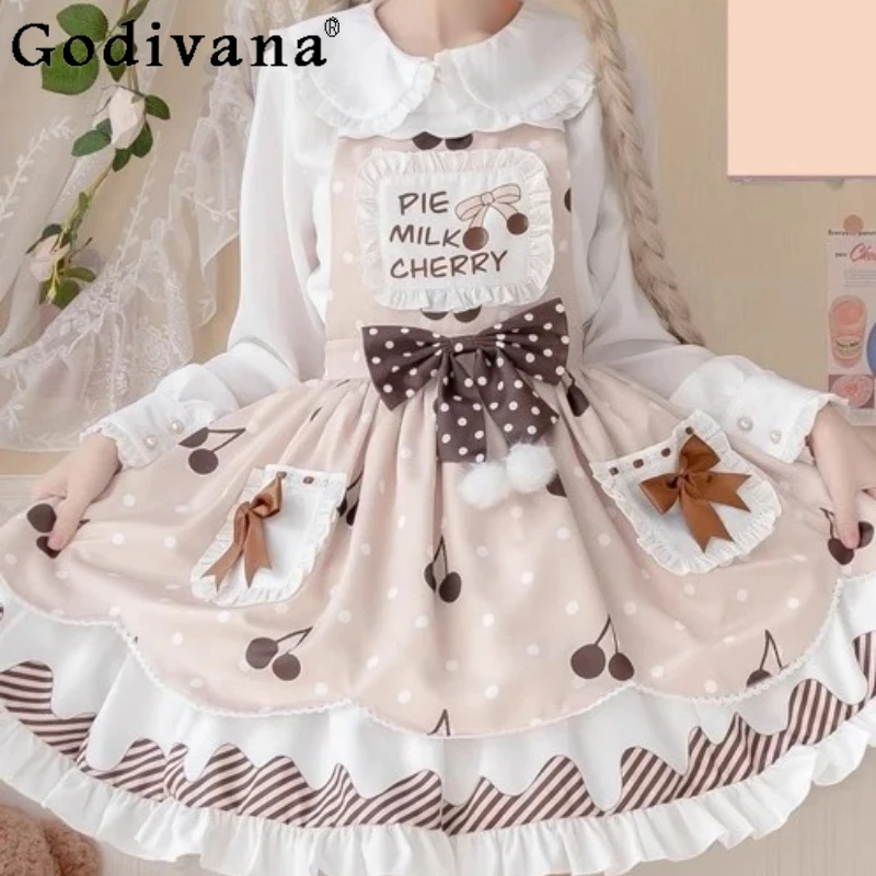 

Lolita Sweet Spring Summer New Jsk Princess Suspender Dress Cute Girl A-line High Waist Slash Neck Chic Print Japanese Dresses