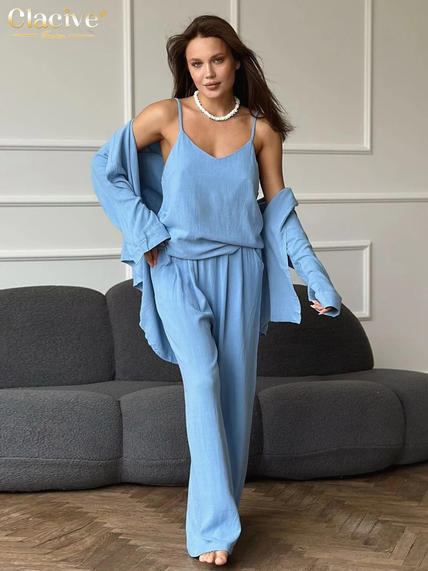 

Clacive Fashion Blue Cotton Trousers Sets For Women 3 Pieces Elegant Long Sleeve Shirt + Tank Top With High Waist Wide Pants Set