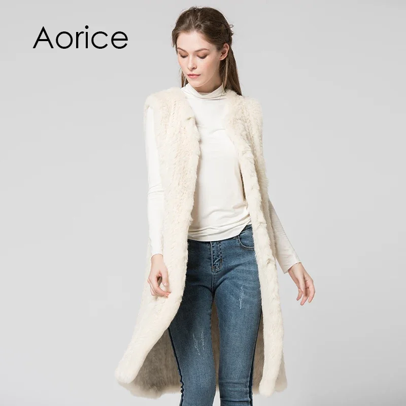 VT7036-Chaleco de punto de piel de conejo Natural auténtica para mujer, Chaqueta larga de estilo nuevo