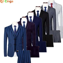 White Men's Striped Three-piece Set, Wedding Business Men's Suits,  Blue Black Terno Masculino, Asian Size Costume Homme, M-6XL