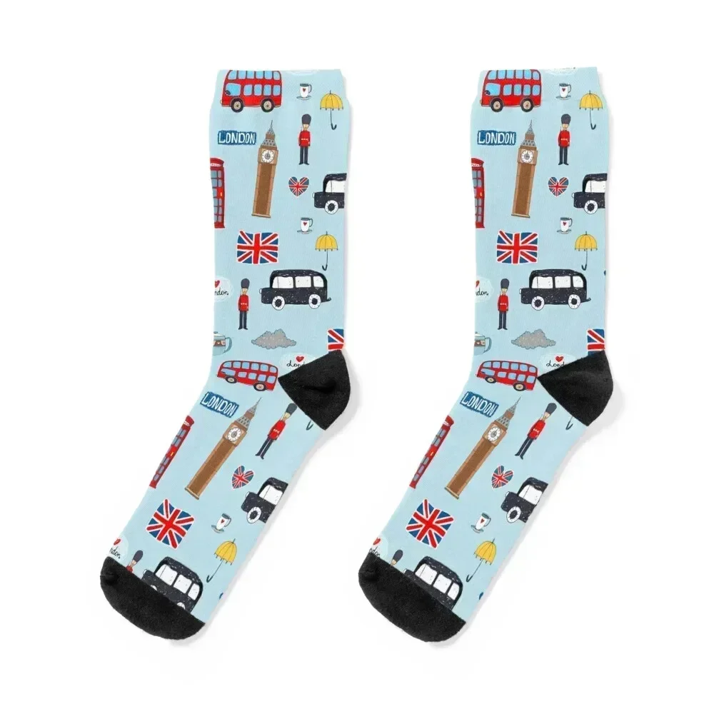 

London England Handdrawn Motifs Big Ben, Union Jack, Palace Guard, Teatime, Black Cabs, Brollies on Blue Socks