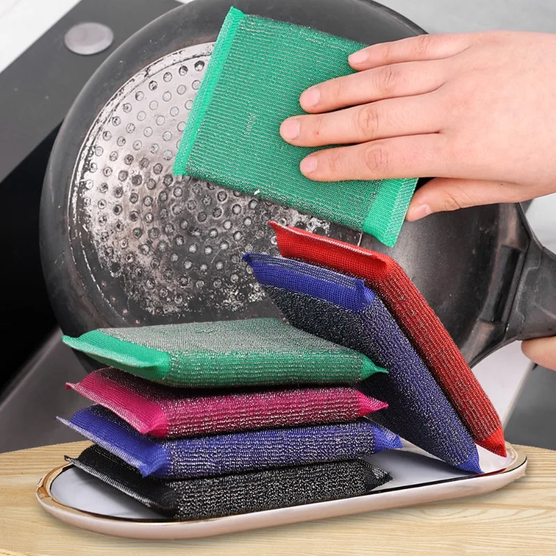 Steel Wire Sponge Wipes Double Sided Dish Scouring Pads Reusable Non-stick Oil Rag Stainless Steel Wire Cloth Cleaning Brush