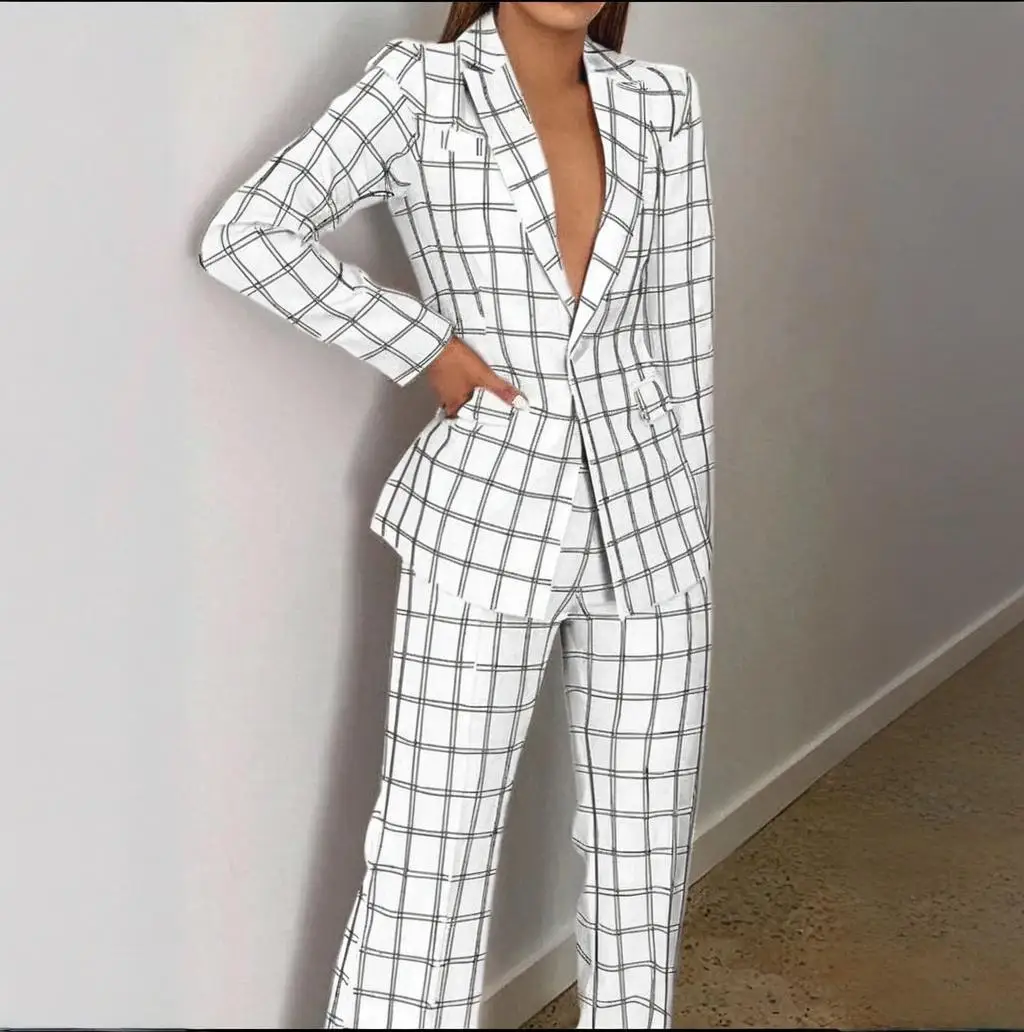 

Женские костюмы в полоску в сетку, комплект из 2 предметов, деловой костюм, пиджак с лацканами, повседневная офисная рабочая одежда, элегантный брючный костюм на заказ