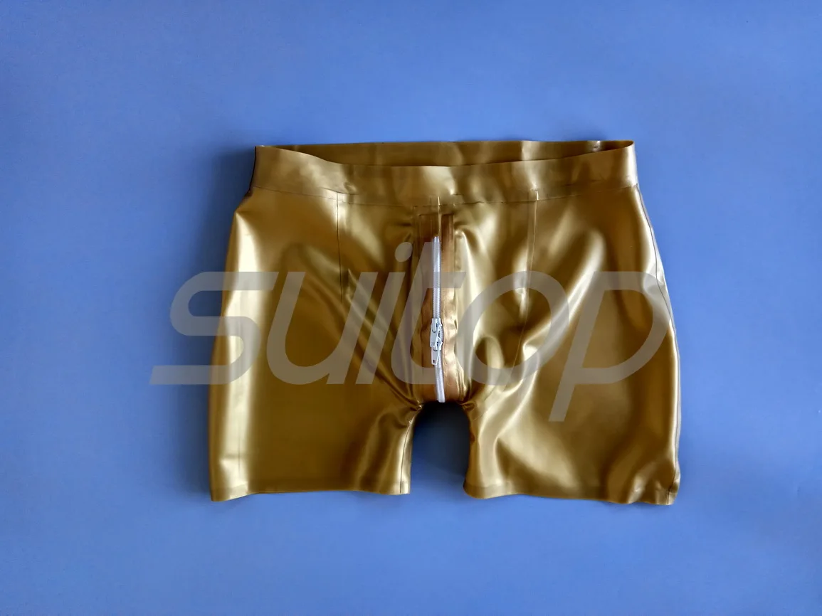 Shorts de borracha sexy de látex masculino com zíper na virilha