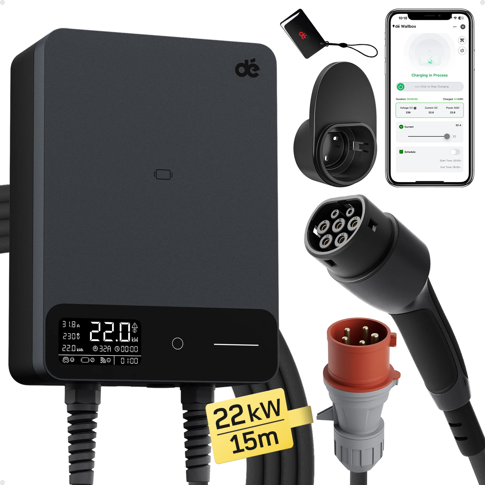 dé Wallbox 22kW 32A met APP, 230V Home oplaadstation, 5m 7,5 m 10m 15m oplaadkabel, CEE naar Type 2 EV oplader Zwart
