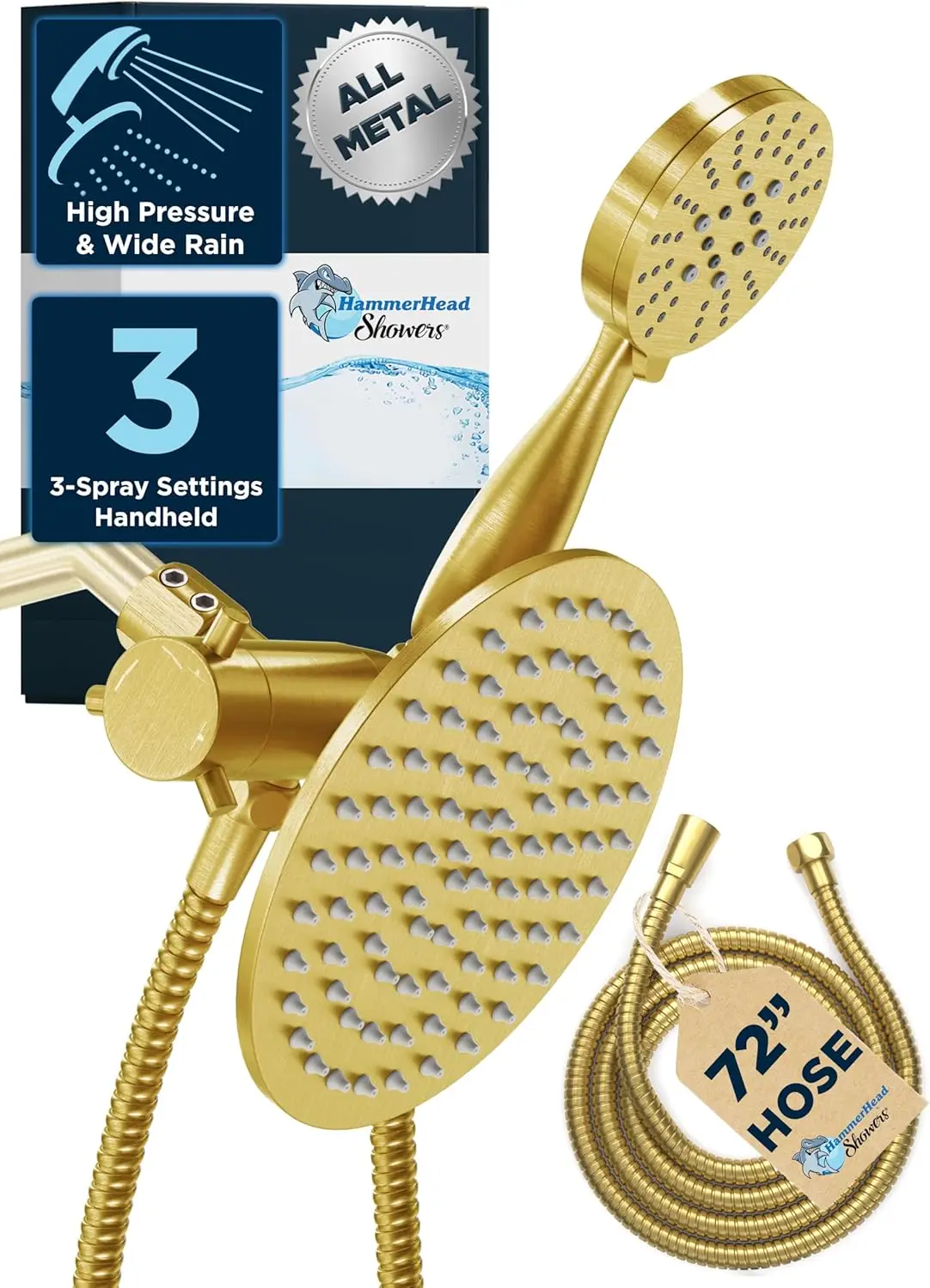 

® Solid Metal Dual Shower Head Combo – BRUSHED GOLD – 8 Inch Rainfall High Flow Shower Head & 3-Flow Handheld