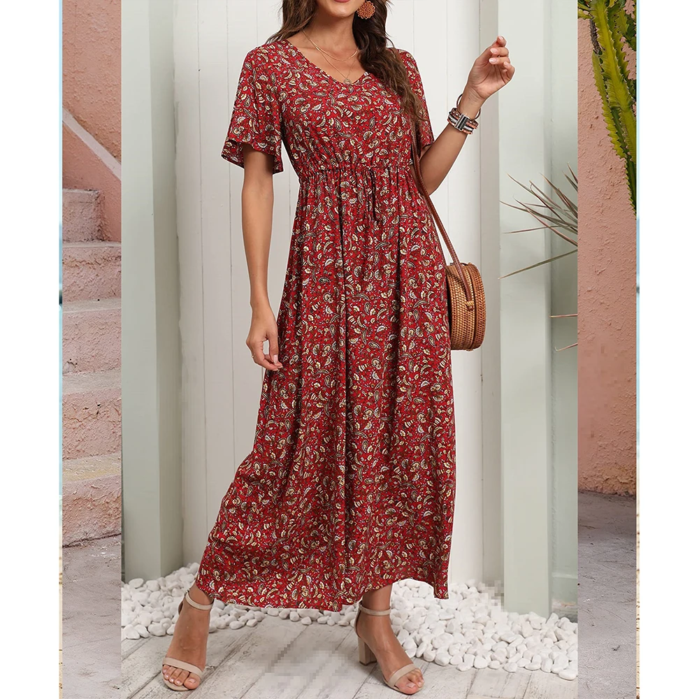 Boho z dekoltem w szpic sukienki w kwiaty kobiet na co dzień z krótkim rękawem Midi sukienka plażowa Boho elegancka moda długie spódnice damskie