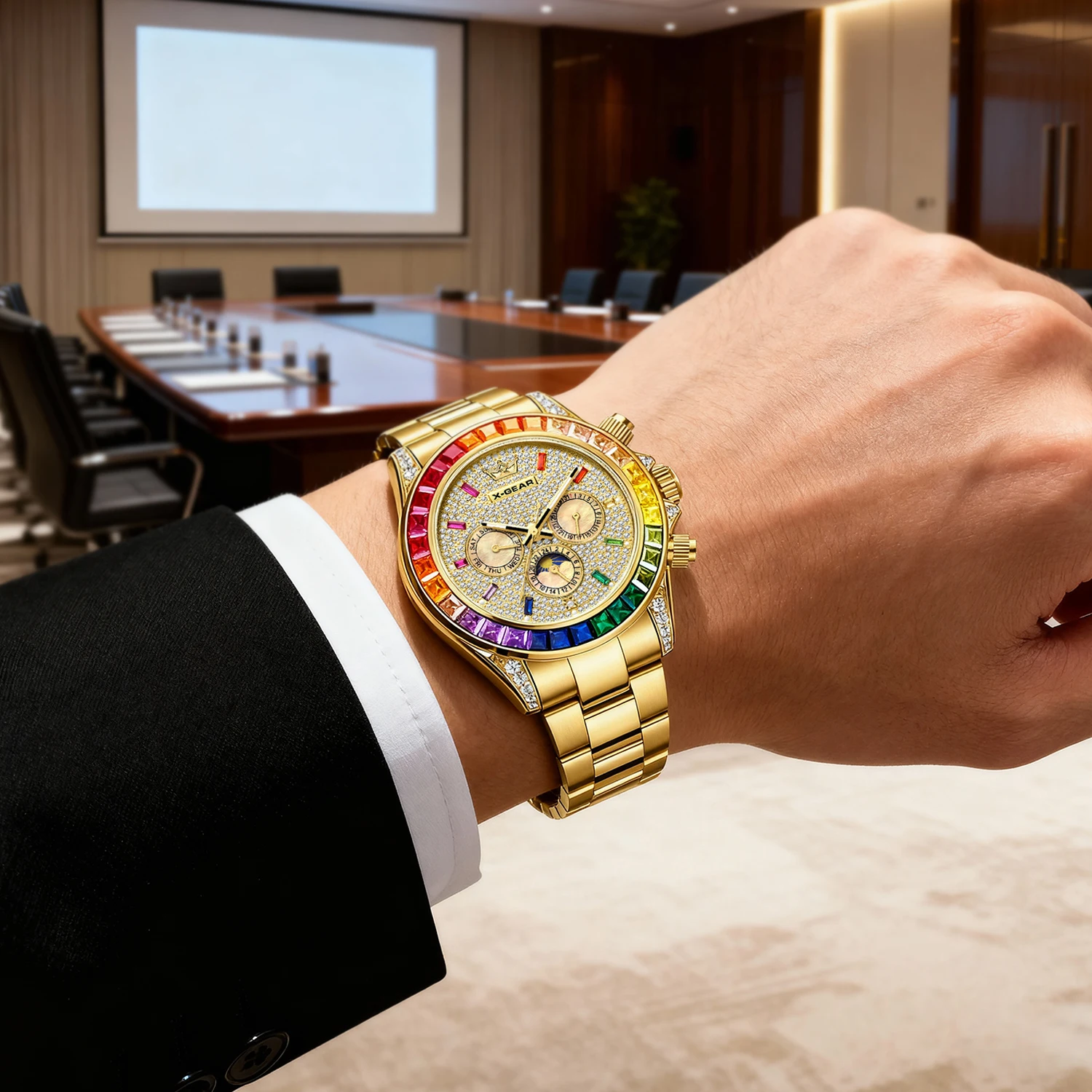 ساعة X-GEAR الفاخرة الأوتوماتيكية الميكانيكية للرجال مع مرحلة القمر، قرص كبير، مقاومة للماء، لون ذهبي، ساعة مضيئة