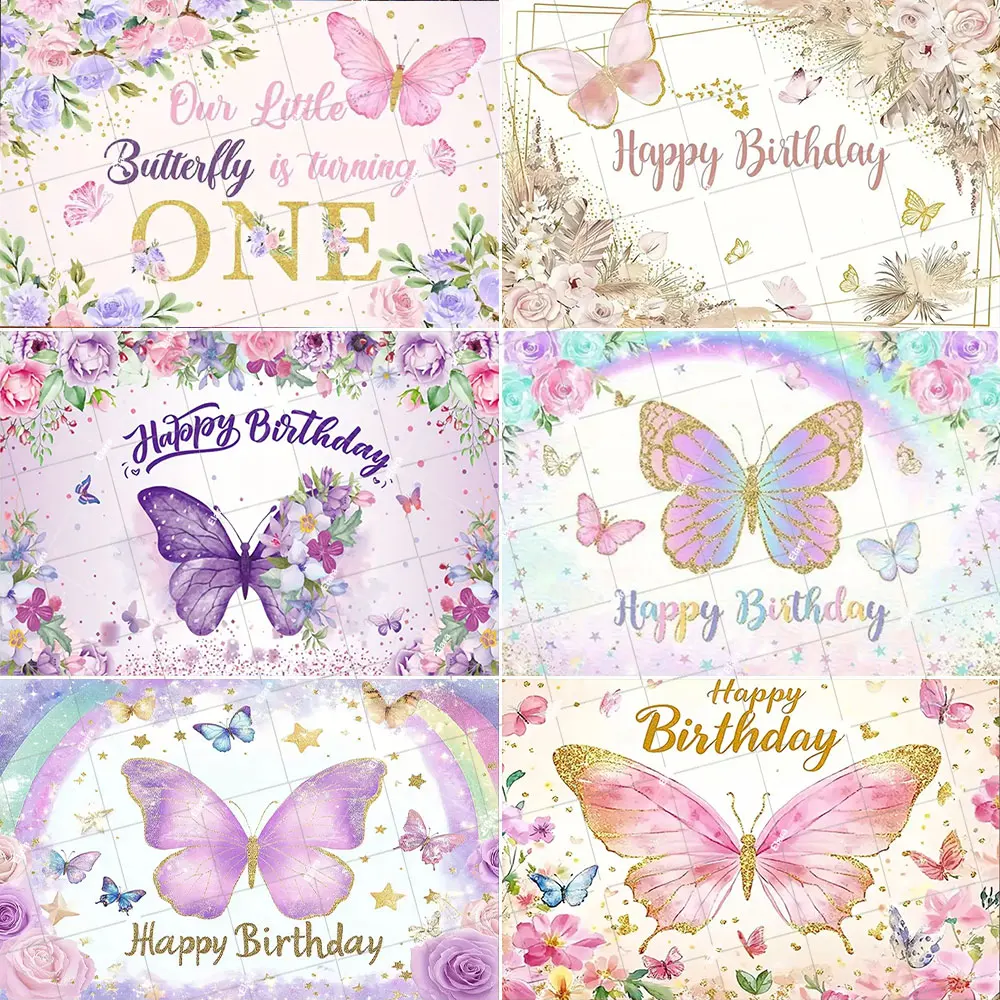 

Butterfly Birthday Party Decoration Floral Rainbow Girls Newborn Baby Shower Flower Children Portrait Photography Backdrop Props