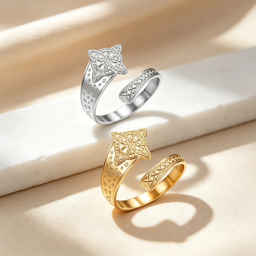 Celtic Witch Knot Open Ring Vintage Triquetra Wheel of Runes Star Engraved Adjustable Ring Wiccan Talisman Protection Jewellery
