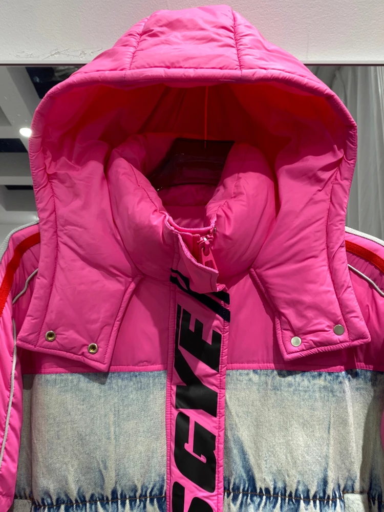 2025 Winter Down Jacket Women Denim Splicing Contrast Color Letter Parkers Thick White Duck Puffer Coat Short Trendy Commute Top