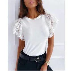 Women's Summer Casual Loose Solid Lace T-shirt Fashion White Short Sleeved Round Tops Y2k Clothing Roupas Femininas Tees