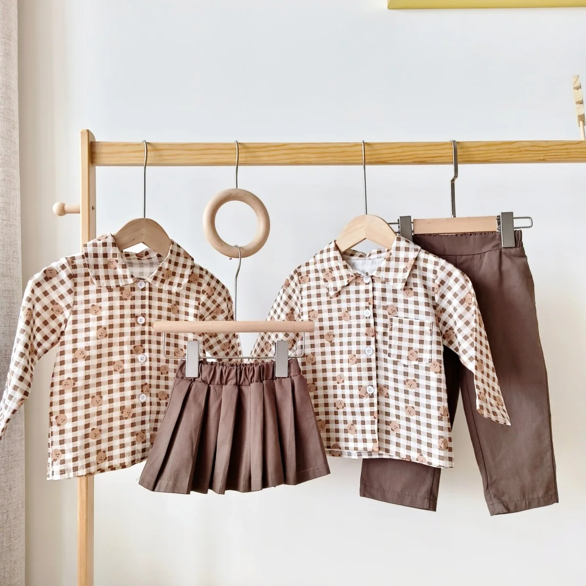 Spring/Autumn Sibling Matching Grid Bear Doll Collar Shirt + Solid Bottom Pleated Skirt Pants Boys Girls Set